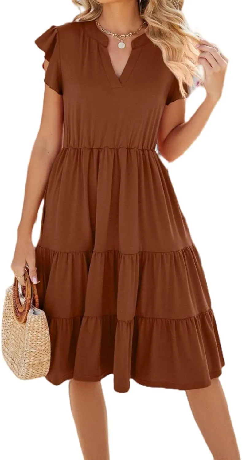 Summer Dress for Women, Solid Color V Neck Loose Short Sleeve Dresses, Stylish Casual Pleated Midi Dress