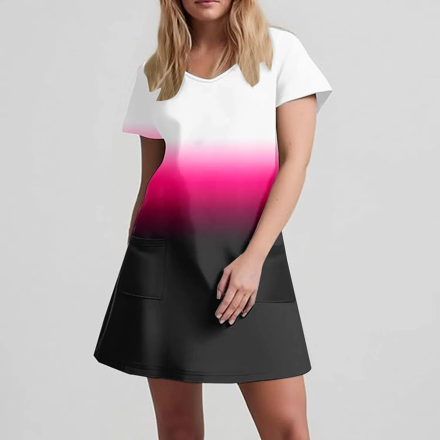Summer Elegant Dress for Women V Neck Short Sleeve Trendy Skirts Comfy Gradient Color Dresses Walking Vacation