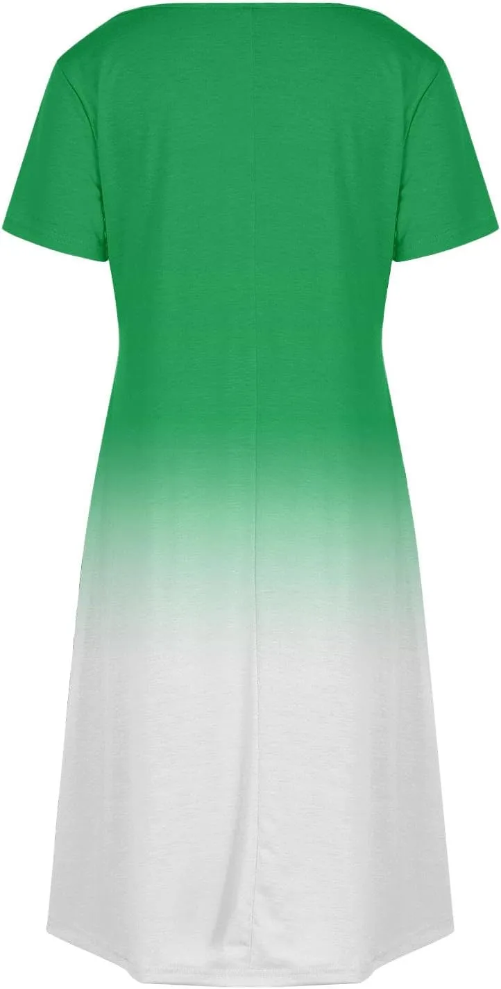 Summer Elegant Dress for Women V Neck Short Sleeve Trendy Skirts Comfy Gradient Color Dresses Walking Vacation