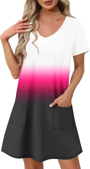Summer Elegant Dress for Women V Neck Short Sleeve Trendy Skirts Comfy Gradient Color Dresses Walking Vacation
