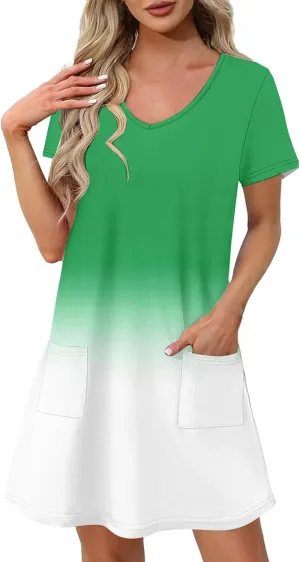 Summer Elegant Dress for Women V Neck Short Sleeve Trendy Skirts Comfy Gradient Color Dresses Walking Vacation