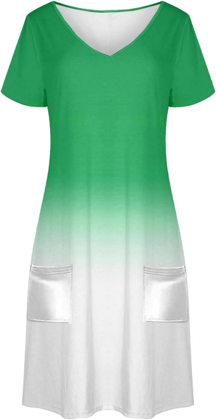 Summer Elegant Dress for Women V Neck Short Sleeve Trendy Skirts Comfy Gradient Color Dresses Walking Vacation