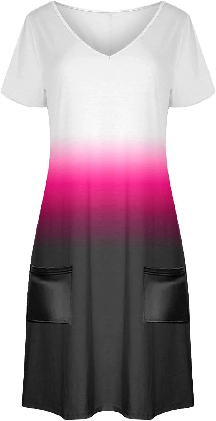 Summer Elegant Dress for Women V Neck Short Sleeve Trendy Skirts Comfy Gradient Color Dresses Walking Vacation