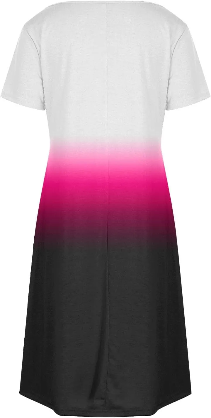Summer Elegant Dress for Women V Neck Short Sleeve Trendy Skirts Comfy Gradient Color Dresses Walking Vacation