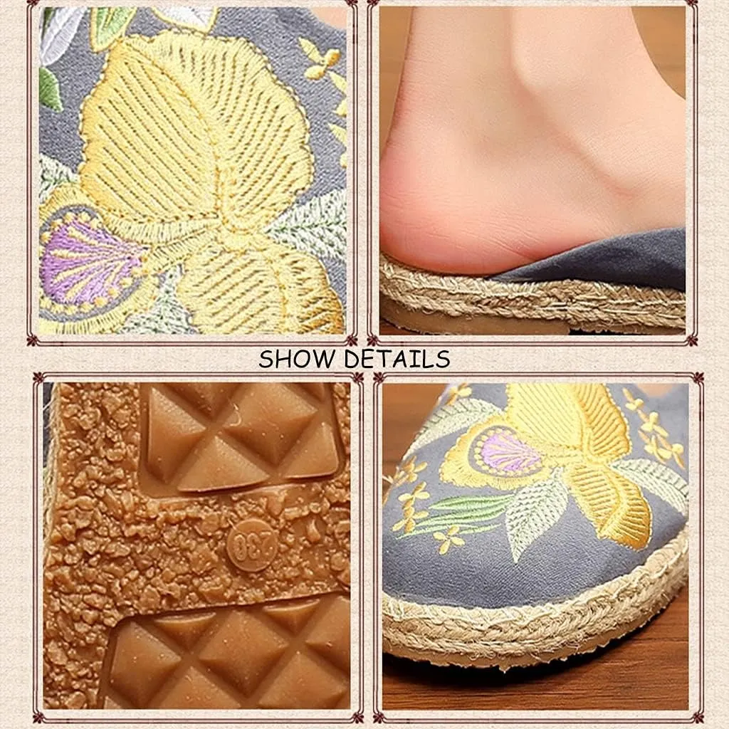 Summer Slippers for Women, Embroidery Slippers, Embroidered Flower Women's Shoes Backless Mules Comfortable Flats Round Toe Loafers Chinese Style Canvas Slippers Cute Sandals