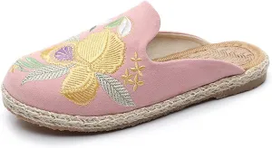 Summer Slippers for Women, Embroidery Slippers, Embroidered Flower Women's Shoes Backless Mules Comfortable Flats Round Toe Loafers Chinese Style Canvas Slippers Cute Sandals