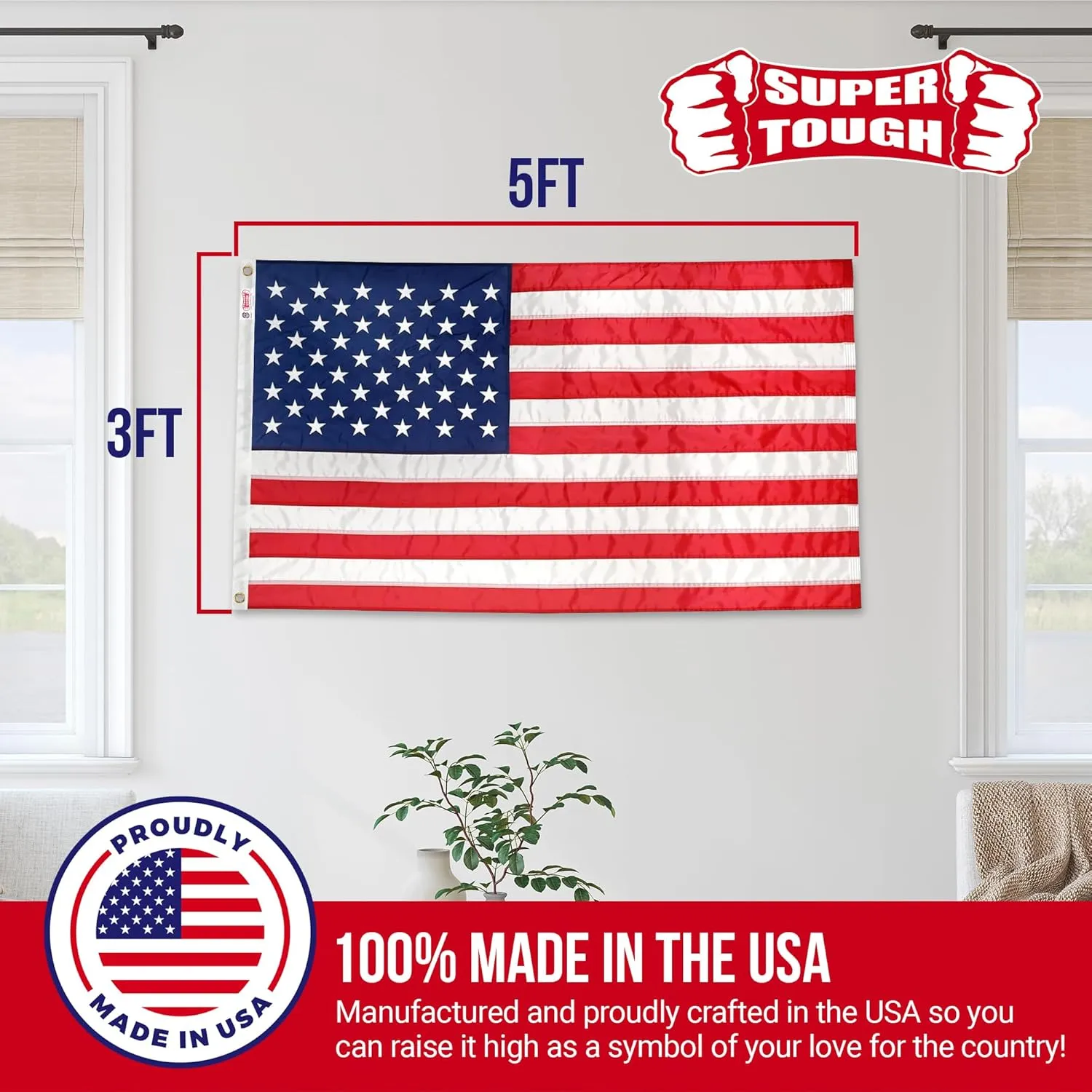 Super Tough 3Ft x 5Ft American Flag - Double Sided, Heavy Duty Nylon USA Flag with Embroidered Stars and Sewn Stripes Suitable for Outdoors - Red/White/Blue