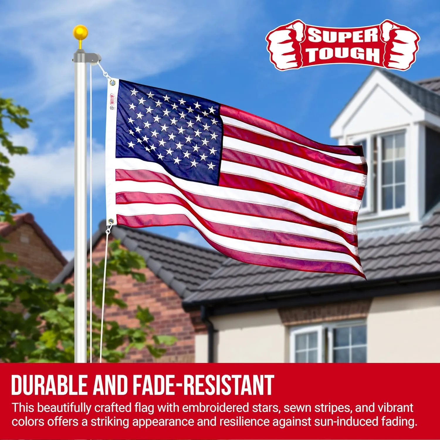 Super Tough 3Ft x 5Ft American Flag - Double Sided, Heavy Duty Nylon USA Flag with Embroidered Stars and Sewn Stripes Suitable for Outdoors - Red/White/Blue