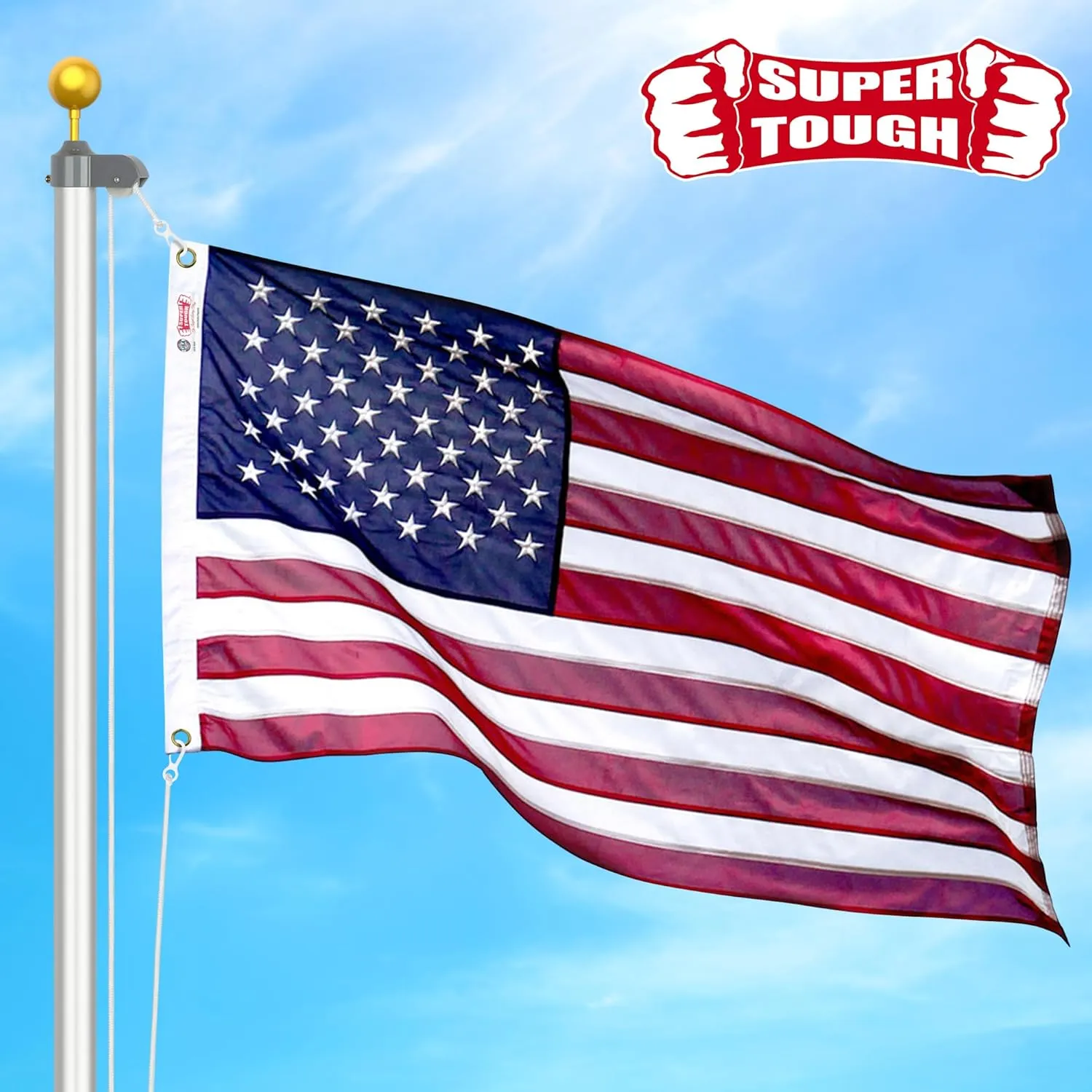 Super Tough 3Ft x 5Ft American Flag - Double Sided, Heavy Duty Nylon USA Flag with Embroidered Stars and Sewn Stripes Suitable for Outdoors - Red/White/Blue