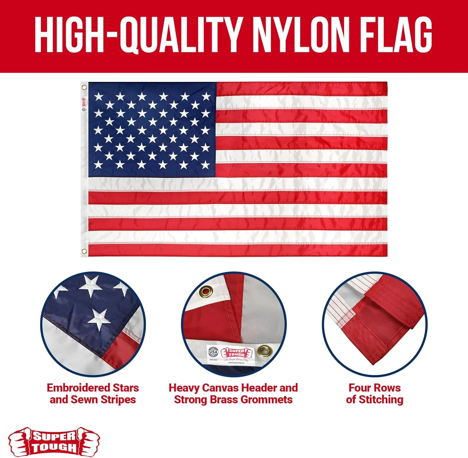 Super Tough 3Ft x 5Ft American Flag - Double Sided, Heavy Duty Nylon USA Flag with Embroidered Stars and Sewn Stripes Suitable for Outdoors - Red/White/Blue