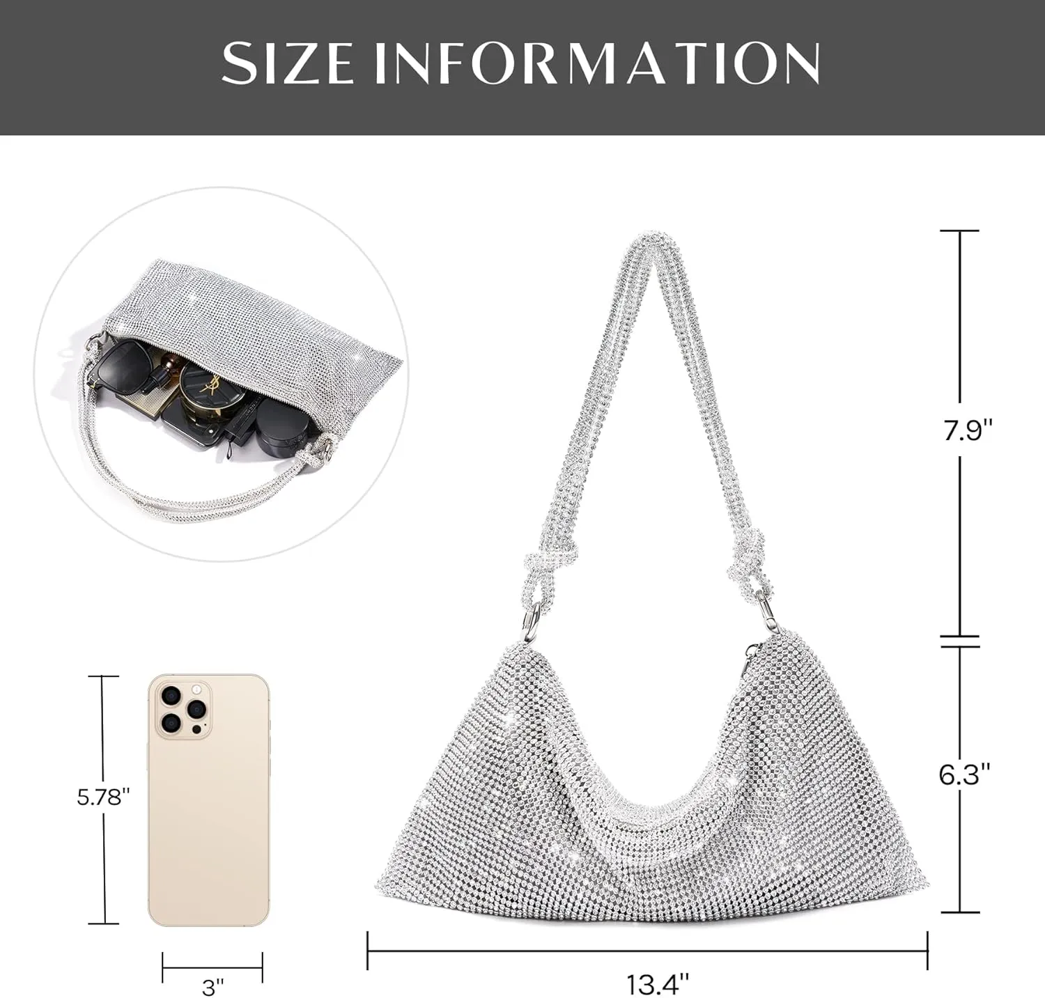 SWEETV Sparkly Rhinestone Purse for Women Silver Clutch Purse Small Glitter Handbags for Weddings, Prom,and Parties