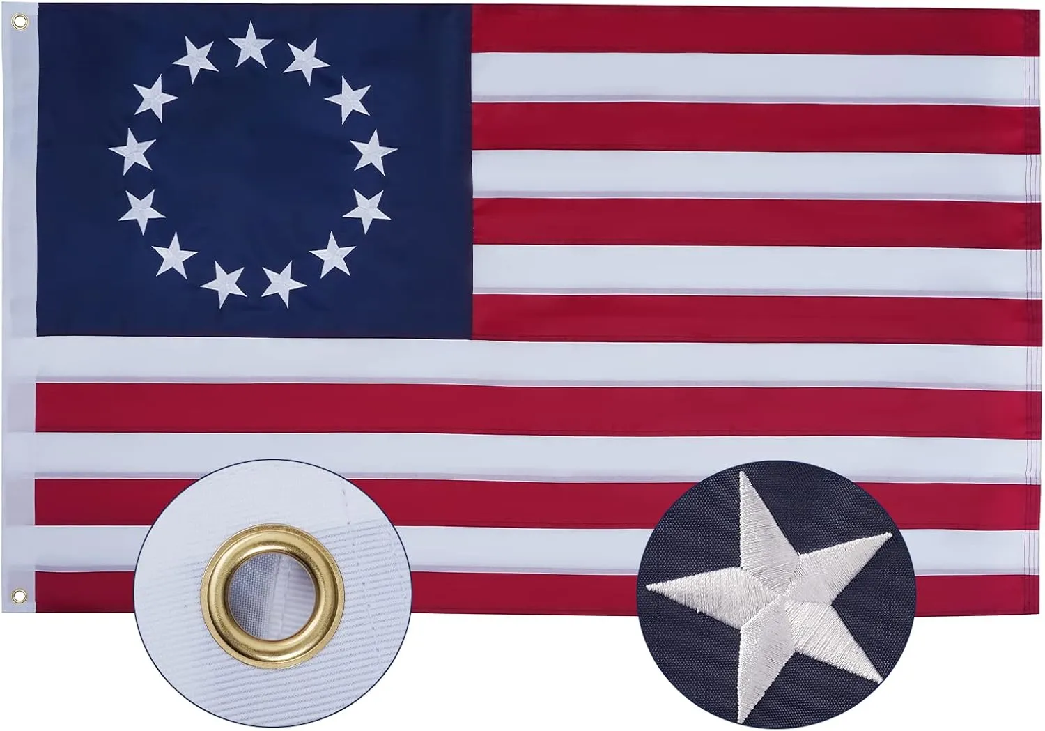 SYII Betsy Ross Flag 4x6 Feet, Embroidery 13 Stars Colony American Flags with 2 Brass Grommets and Double Stitched Sewn Stripes, Heavy Duty Polyester 4th of July Outdoor Banner