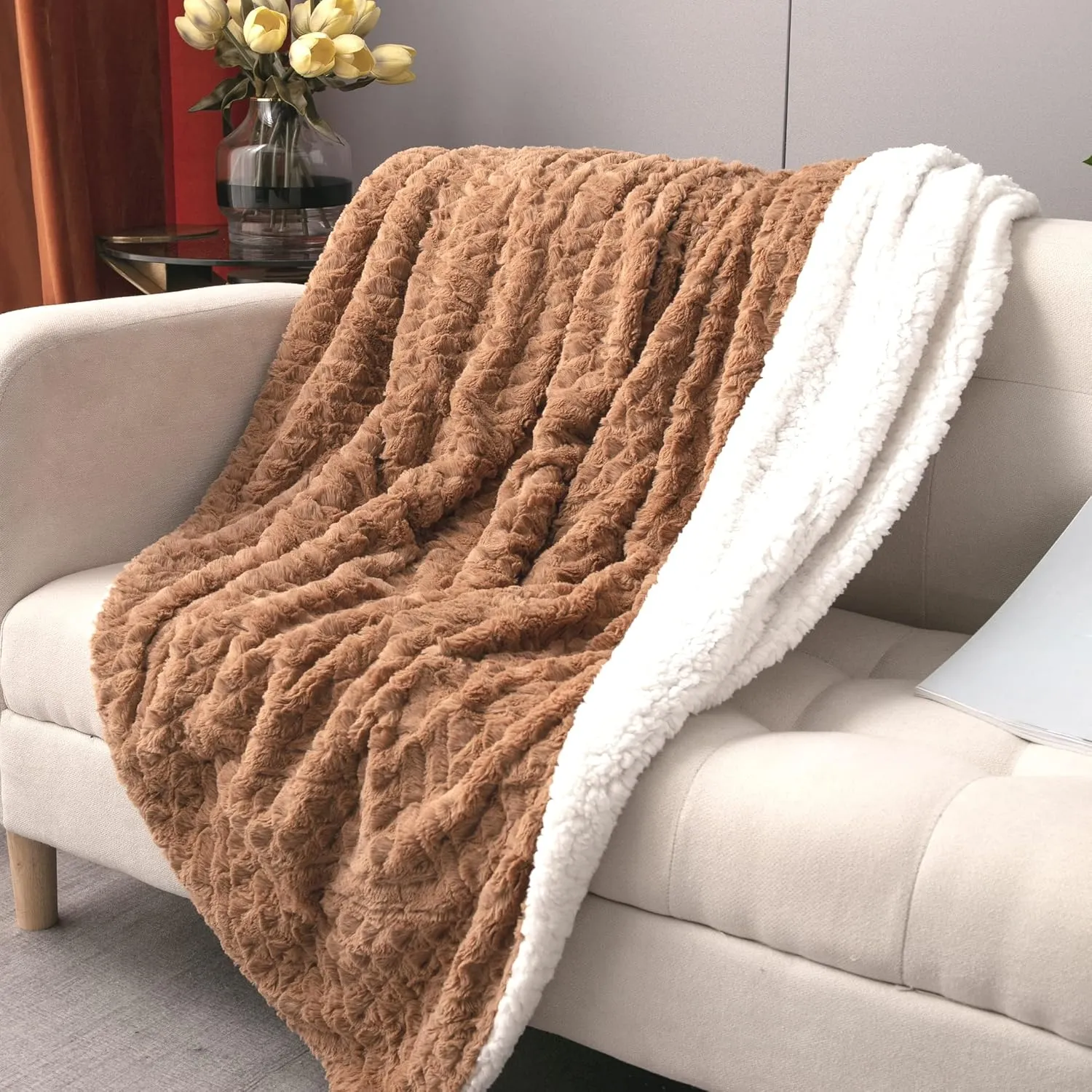 Tache Caramel Brown Faux Fur Throw Blanket - Fuzzy Camel Cognac Chevron Geometric Embossed Super Soft Warm Fluffy White Sherpa Plush Golden Brown Oversized Bed Blanket - Full, Queen Size 90" x 90"