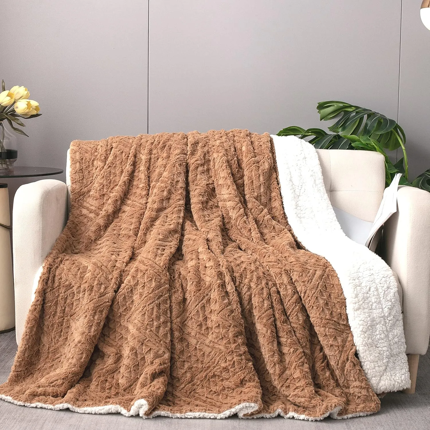 Tache Caramel Brown Faux Fur Throw Blanket - Fuzzy Camel Cognac Chevron Geometric Embossed Super Soft Warm Fluffy White Sherpa Plush Golden Brown Oversized Bed Blanket - Full, Queen Size 90" x 90"