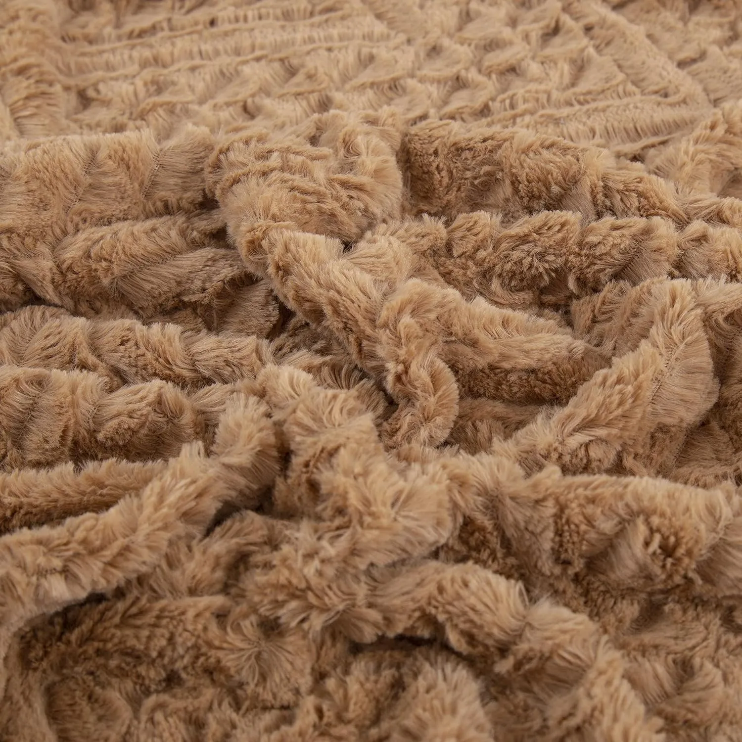 Tache Caramel Brown Faux Fur Throw Blanket - Fuzzy Camel Cognac Chevron Geometric Embossed Super Soft Warm Fluffy White Sherpa Plush Golden Brown Oversized Bed Blanket - Full, Queen Size 90" x 90"