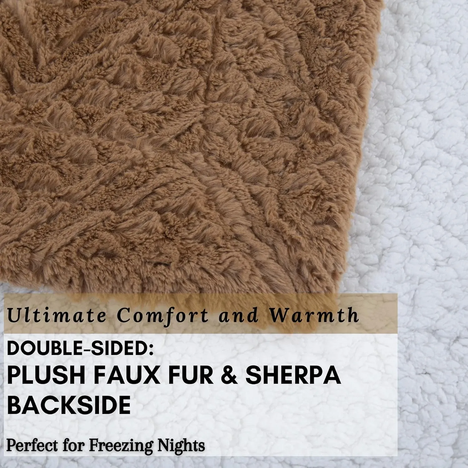 Tache Caramel Brown Faux Fur Throw Blanket - Fuzzy Camel Cognac Chevron Geometric Embossed Super Soft Warm Fluffy White Sherpa Plush Golden Brown Oversized Bed Blanket - Full, Queen Size 90" x 90"