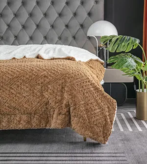 Tache Caramel Brown Faux Fur Throw Blanket - Fuzzy Camel Cognac Chevron Geometric Embossed Super Soft Warm Fluffy White Sherpa Plush Golden Brown Oversized Bed Blanket - Full, Queen Size 90" x 90"