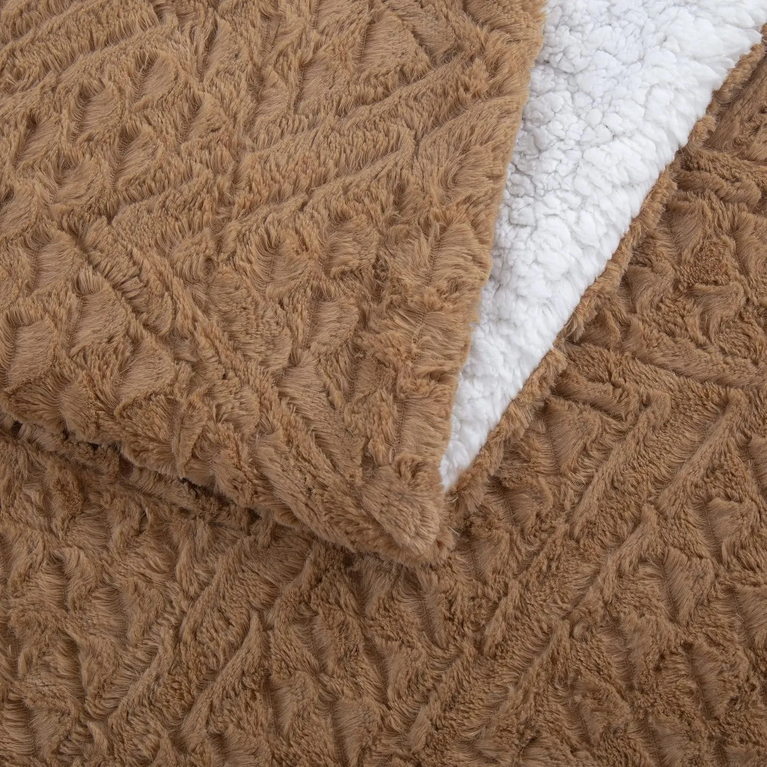 Tache Caramel Brown Faux Fur Throw Blanket - Fuzzy Camel Cognac Chevron Geometric Embossed Super Soft Warm Fluffy White Sherpa Plush Golden Brown Oversized Bed Blanket - Full, Queen Size 90" x 90"