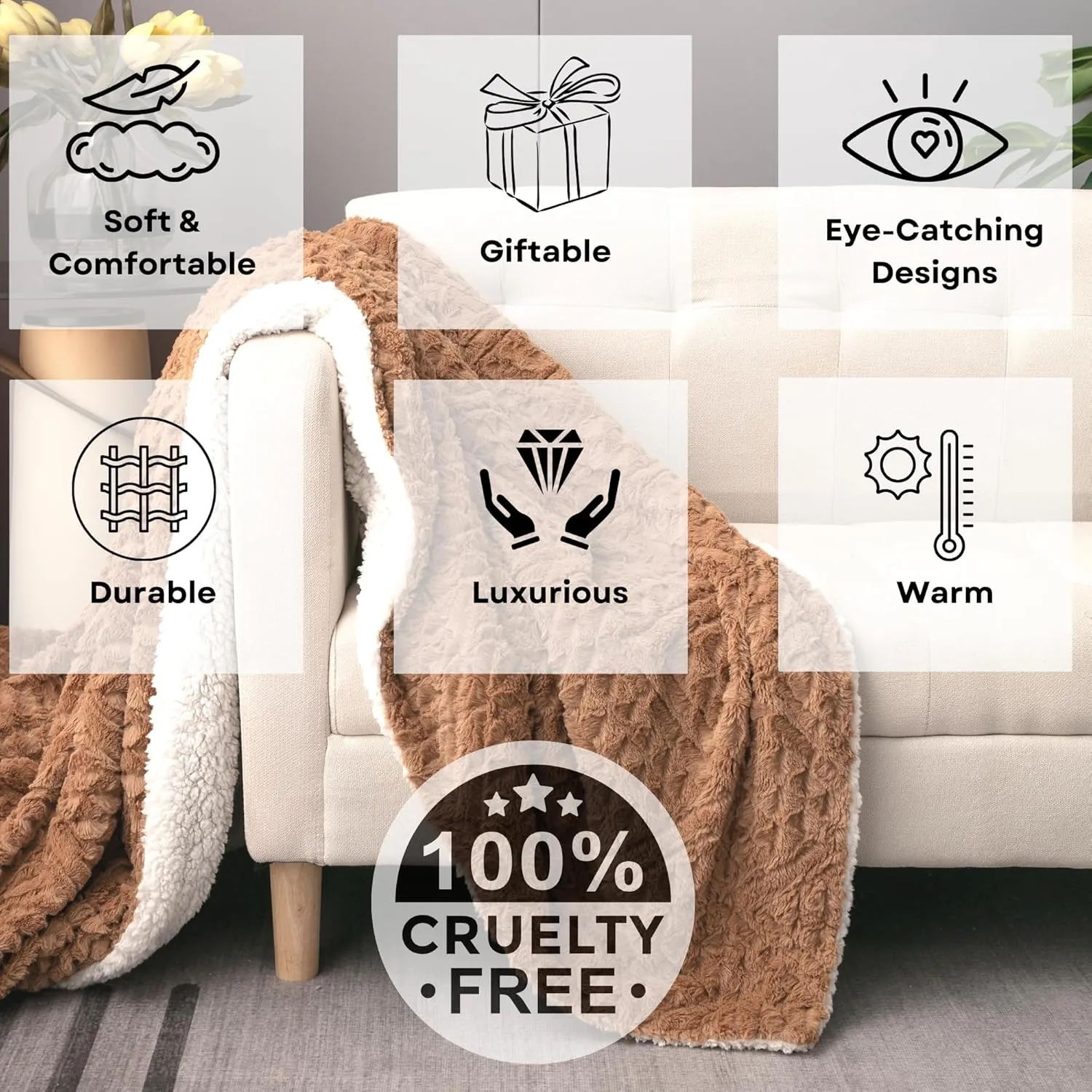 Tache Caramel Brown Faux Fur Throw Blanket - Fuzzy Camel Cognac Chevron Geometric Embossed Super Soft Warm Fluffy White Sherpa Plush Golden Brown Oversized Bed Blanket - Full, Queen Size 90" x 90"