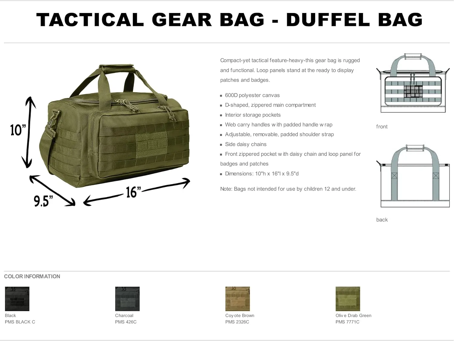 Tactical Gear bag Heavy Duty Duffel Gym bag Custom Embroidered with your own text (Olive Drab Green)