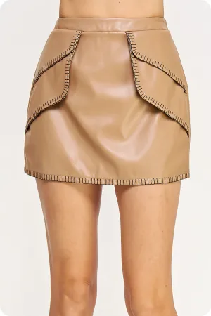 Tan embroidered faux leather skirt