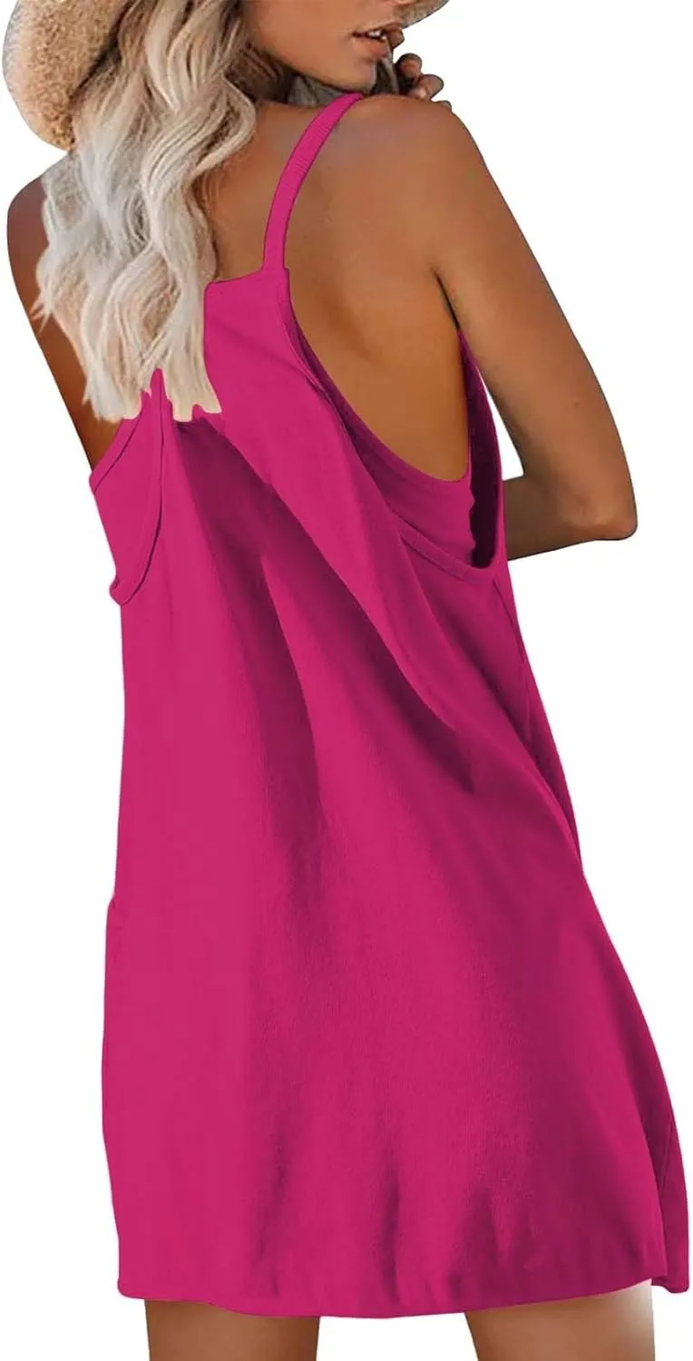 Tennis Dress for Women Built-in Shorts Casual Sleeveless Spaghetti Strap Sundress Workout Athletic Dress with Pocket