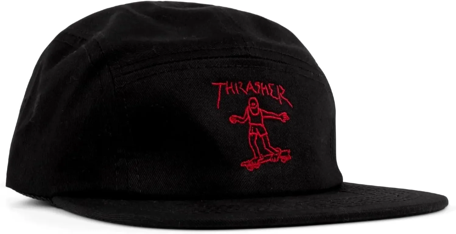Thrasher Skateboard Magazine 5 Panel Strapback Camp Hat Gonz Skate Hat, Black, One Size