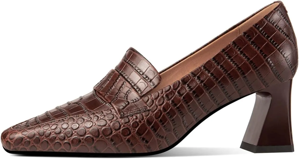 TinaCus Embossed Genuine Leather Handmade Mid Chunky Heels Women's Square Toe Retro Pumps Shoes