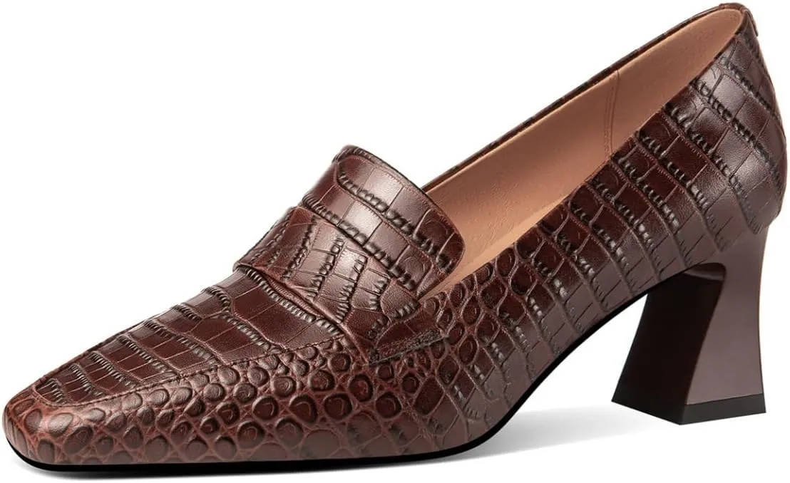 TinaCus Embossed Genuine Leather Handmade Mid Chunky Heels Women's Square Toe Retro Pumps Shoes