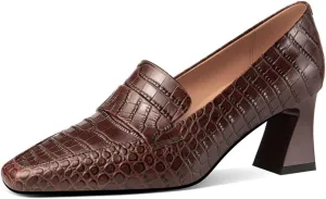 TinaCus Embossed Genuine Leather Handmade Mid Chunky Heels Women's Square Toe Retro Pumps Shoes