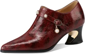 TinaCus Embossed Genuine Leather Women's Pointed Toe Chunky Heels Zip Up Pumps Shoes with Pearl