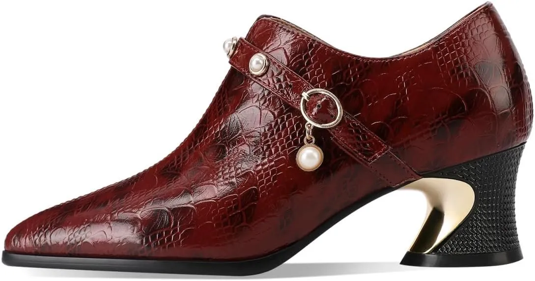 TinaCus Embossed Genuine Leather Women's Pointed Toe Chunky Heels Zip Up Pumps Shoes with Pearl