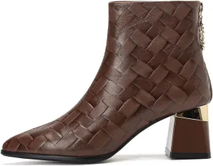 TinaCus Embossed Genuine Leather Women's Pointed Toe Mid Chunky Heels Back Zipper Handmade Ankle Boots(Dark Brown, US8.5)