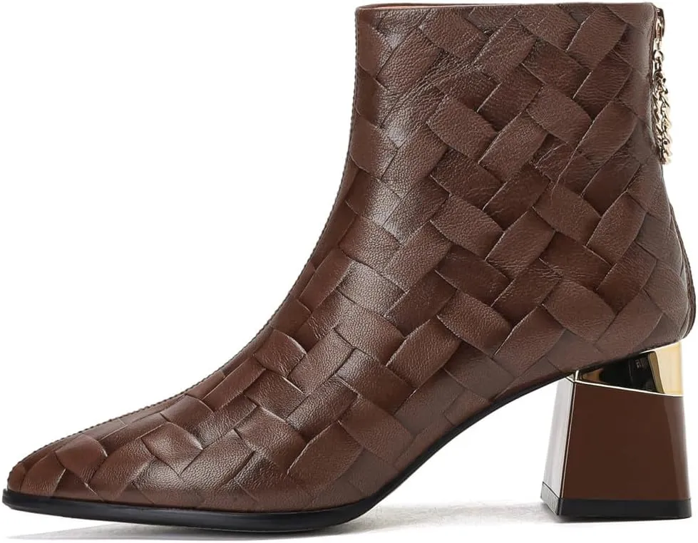TinaCus Embossed Genuine Leather Women's Pointed Toe Mid Chunky Heels Back Zipper Handmade Ankle Boots(Dark Brown, US8.5)