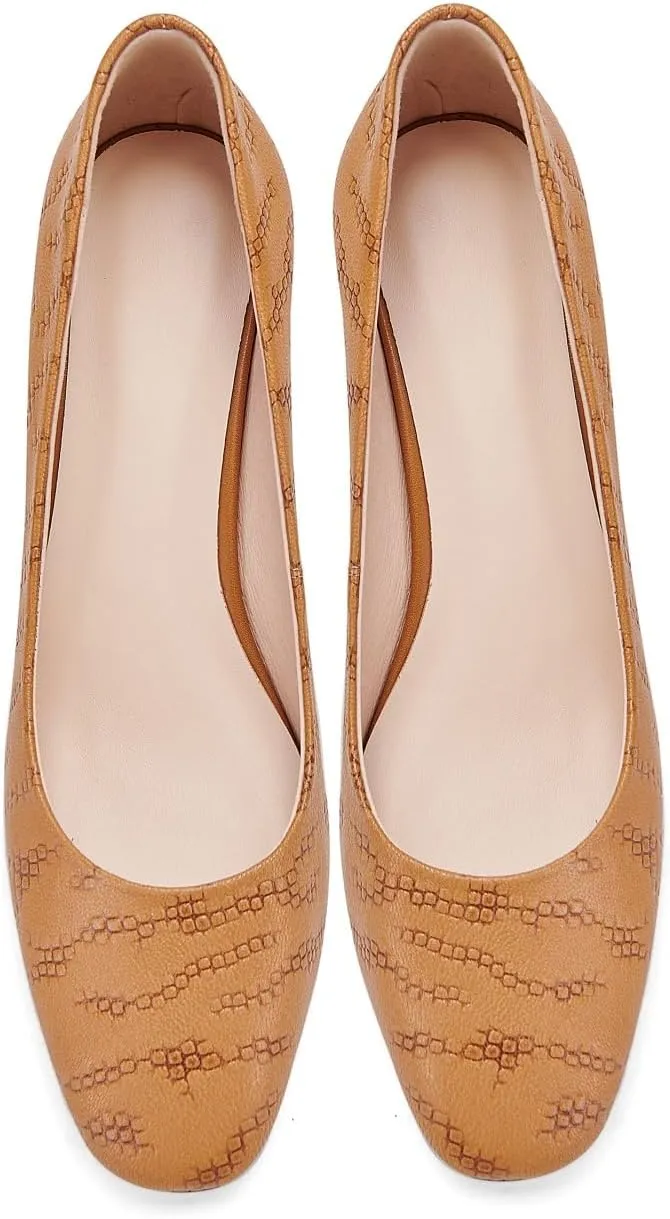 TinaCus Embossed Genuine Leather Women's Round Toe Handmade Chunky Heels Pumps Shoes