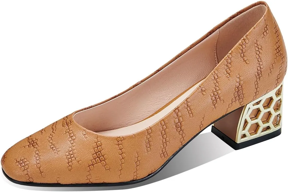 TinaCus Embossed Genuine Leather Women's Round Toe Handmade Chunky Heels Pumps Shoes