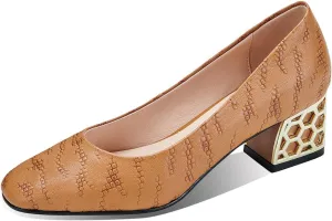 TinaCus Embossed Genuine Leather Women's Round Toe Handmade Chunky Heels Pumps Shoes