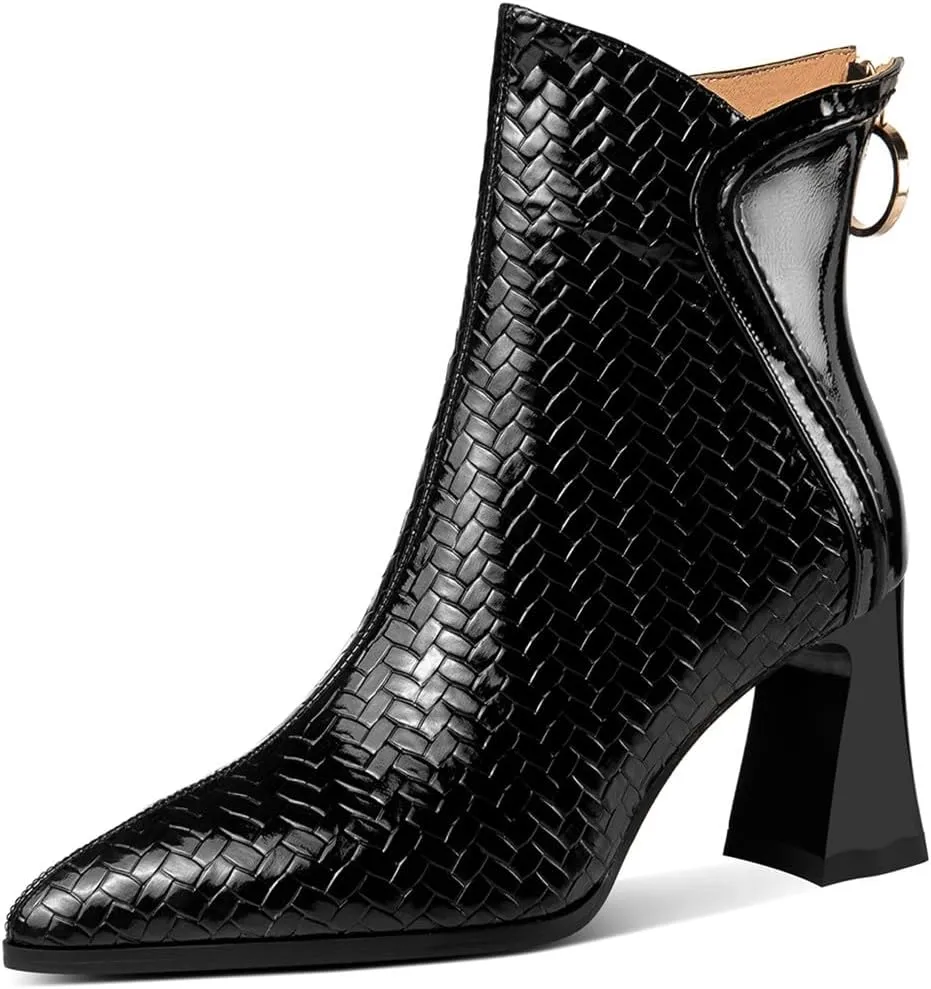TinaCus Embossed Patent Leather Women's Pointed Toe Handmade Back Zipper High Block Heels Ankle Boots