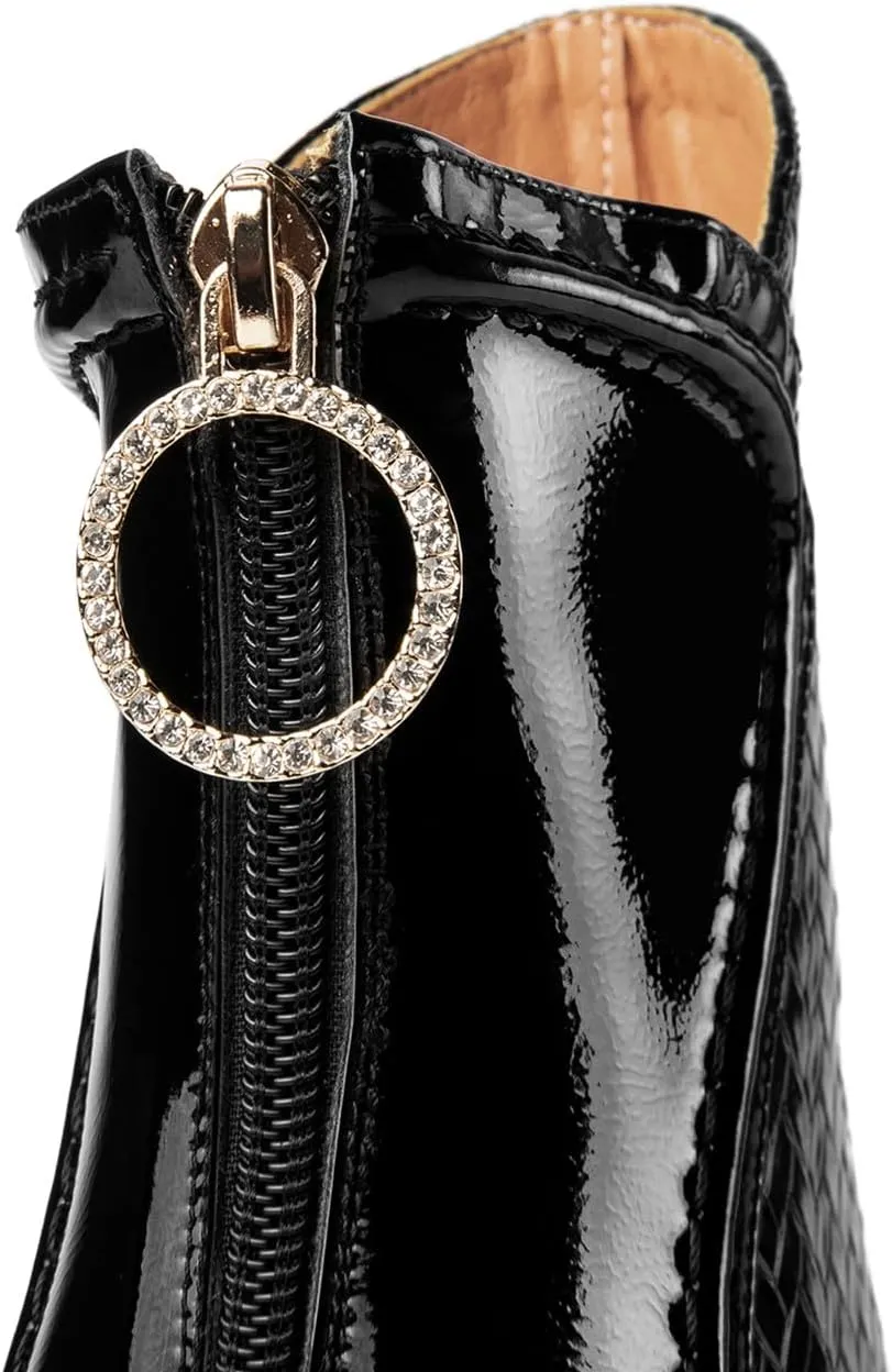 TinaCus Embossed Patent Leather Women's Pointed Toe Handmade Back Zipper High Block Heels Ankle Boots