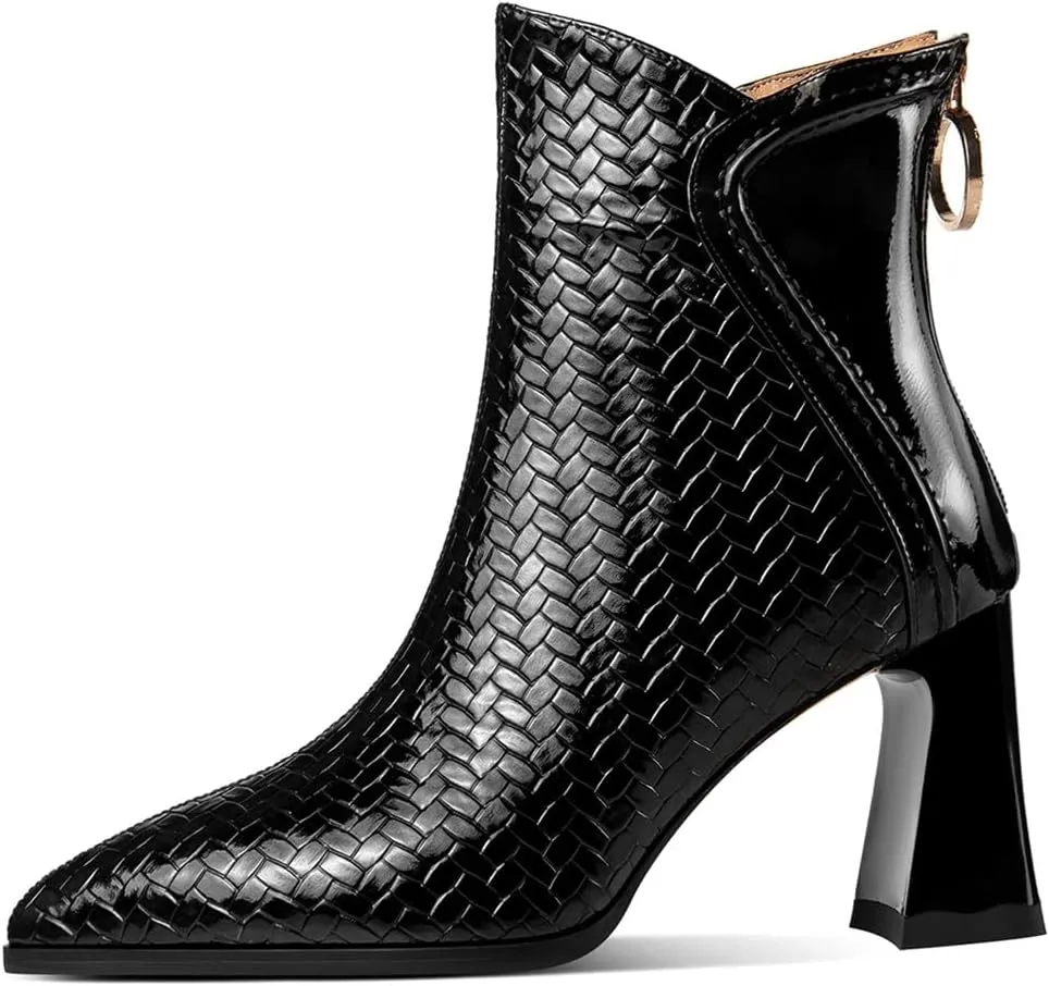 TinaCus Embossed Patent Leather Women's Pointed Toe Handmade Back Zipper High Block Heels Ankle Boots