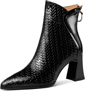 TinaCus Embossed Patent Leather Women's Pointed Toe Handmade Back Zipper High Block Heels Ankle Boots