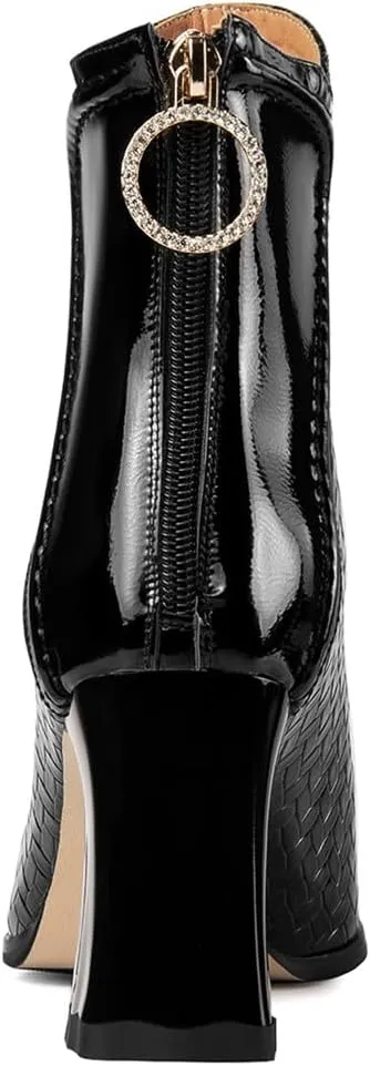 TinaCus Embossed Patent Leather Women's Pointed Toe Handmade Back Zipper High Block Heels Ankle Boots