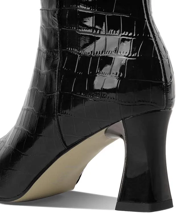 TinaCus Women's Handmade Embossed Genuine Leather Clear Pointed Toe Mid Spool Heel Side Zip Up Classic Black Knee High Boots