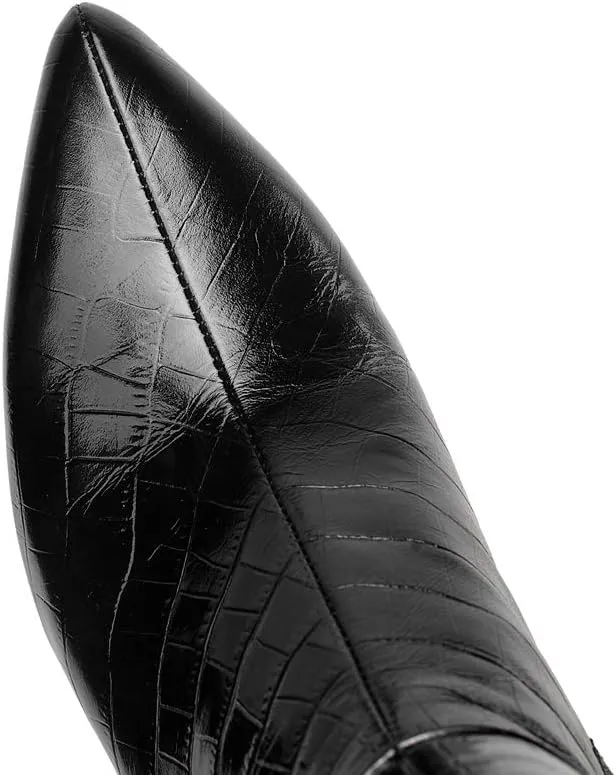 TinaCus Women's Handmade Embossed Genuine Leather Clear Pointed Toe Mid Spool Heel Side Zip Up Classic Black Knee High Boots