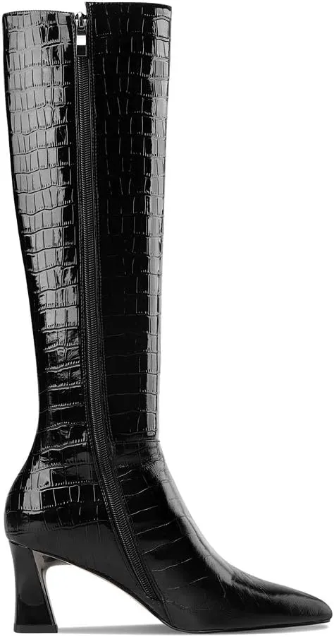 TinaCus Women's Handmade Embossed Genuine Leather Clear Pointed Toe Mid Spool Heel Side Zip Up Classic Black Knee High Boots