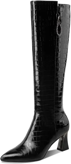 TinaCus Women's Handmade Embossed Genuine Leather Clear Pointed Toe Mid Spool Heel Side Zip Up Classic Black Knee High Boots