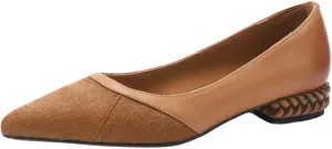 TinaCus Women's Patchwork Leather Pointed Toe Handmade Chunky Heel Work Flats Shoes