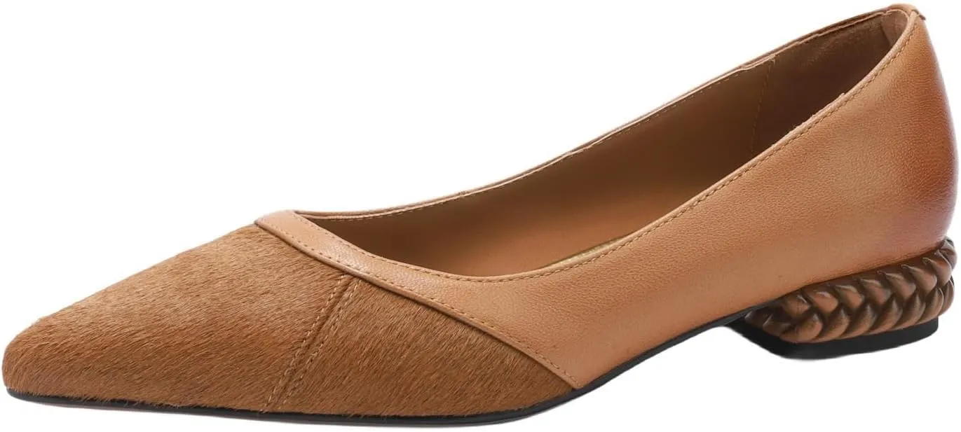TinaCus Women's Patchwork Leather Pointed Toe Handmade Chunky Heel Work Flats Shoes
