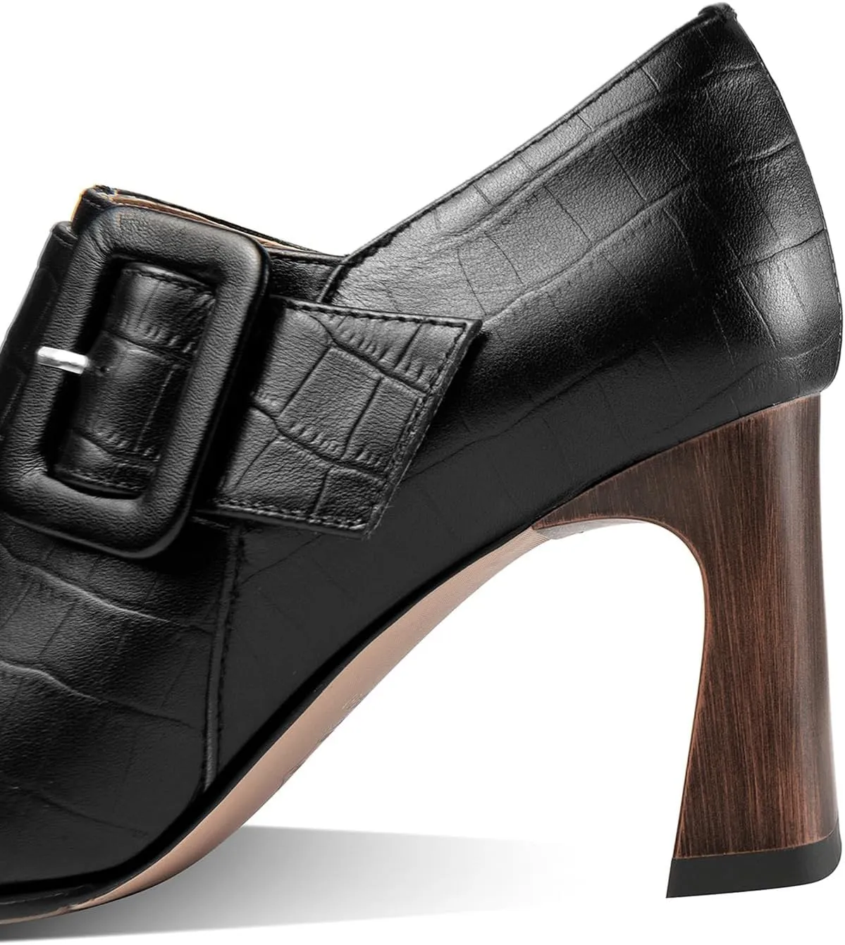 TinaCus Women's Pointed Toe Embossed Genuine Leather Handmade Buckle Mid Block Heels Zip Up Pumps Shoes