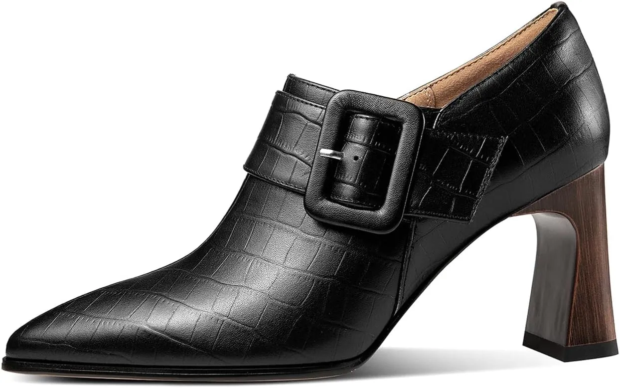 TinaCus Women's Pointed Toe Embossed Genuine Leather Handmade Buckle Mid Block Heels Zip Up Pumps Shoes